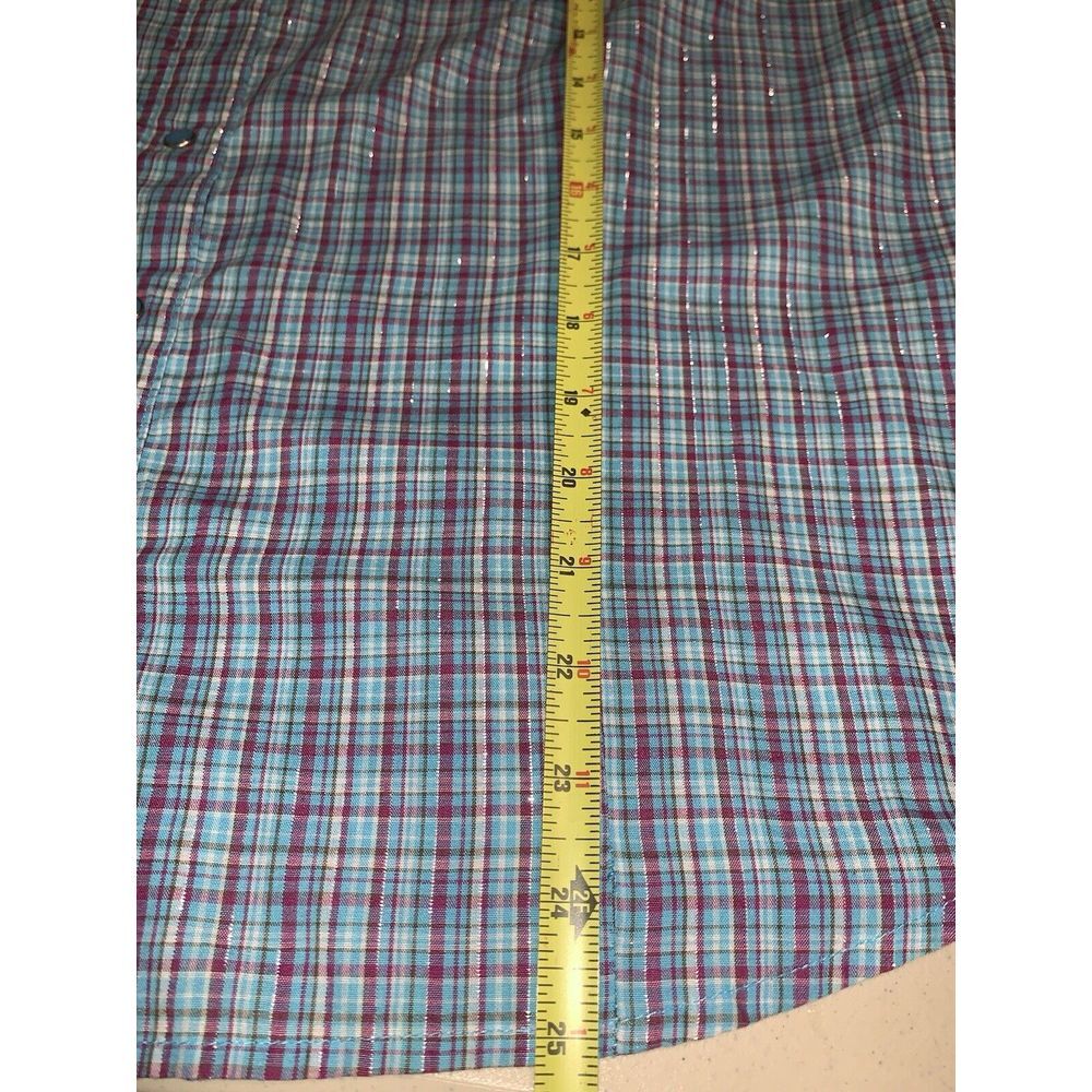 Women's L Blue Pink Sparkle plaid Wrancher Wrangler Short Sleeve Pearl Snap - Picture 4 of 16